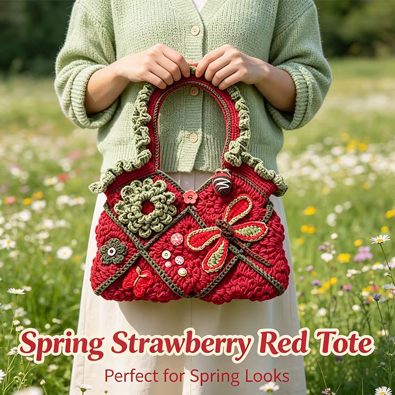 Kit de crochet pour sac à main en fil de laine à motif floral libellule rouge et vert rétro, fait main, DIY, avec tutoriel vidéo