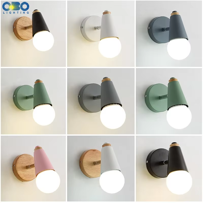 Moderne Macaron applique fer bois miroir lumière chevet chambre éclairage intérieur E27 ampoule rétro mur LED lumière nordique