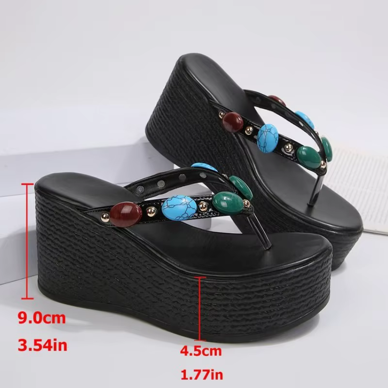 Sandales compensées bohèmes à plateforme, tongs perlées colorées, chaussures d'été à talons hauts pour la plage, sandales ethniques d'extérieur pour femmes