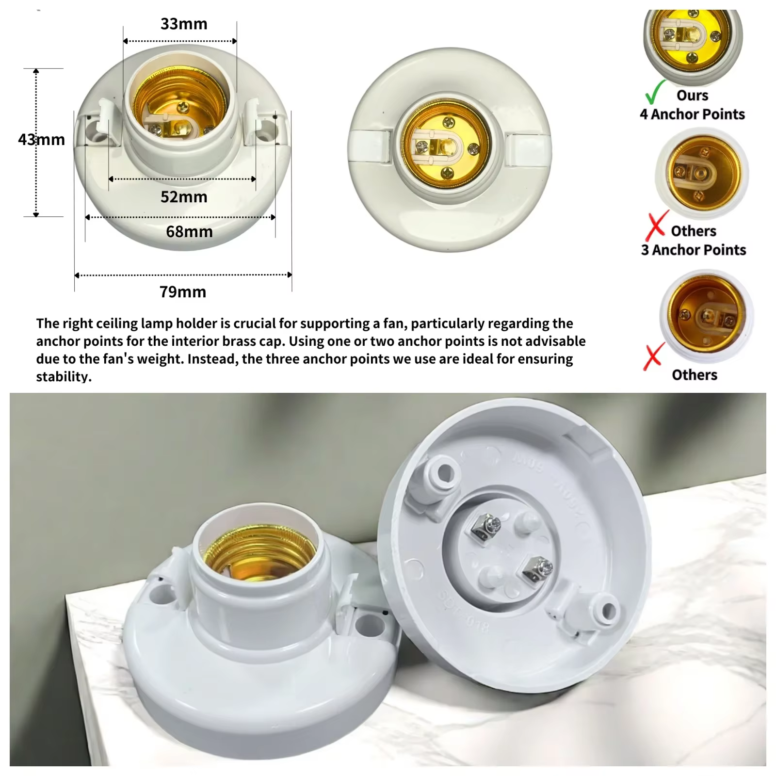 Douille de lampe E27/E26, ampoule de plafond blanche, douille fixe, support d'ampoule, douille de ventilateur de plafond