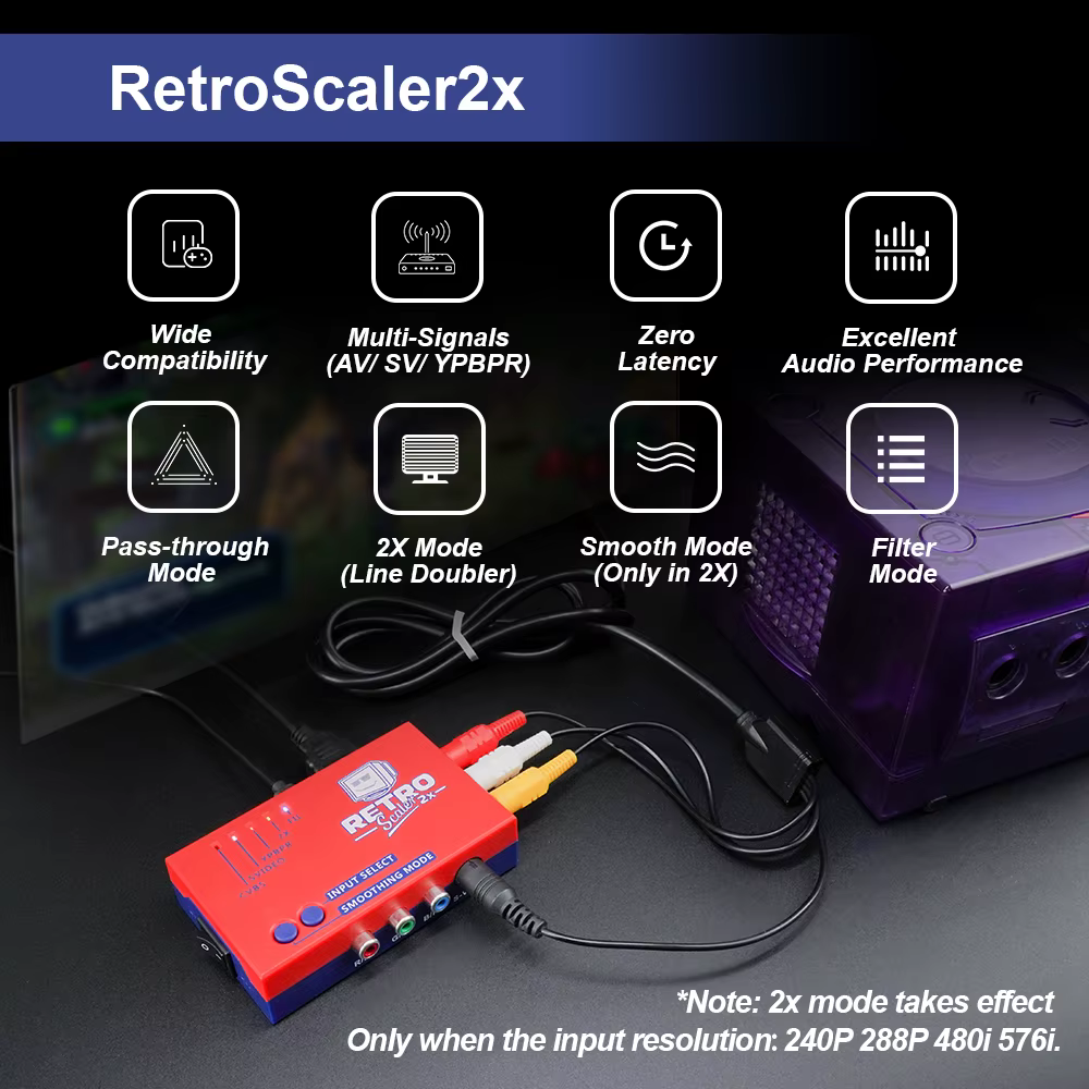 RetroScaler2x AV vers HDMI ®   Convertisseur et ligne-doubulleur pour consoles de jeux rétro PS2 N64 NES Dreamcast Saturn MD1 MD2
