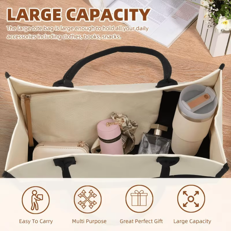 Sac fourre-tout de Thanksgiving, crème et noir, avec chapeau de pèlerin et design feuille d'automne, adapté au transport de cadeaux de vacances et aux fêtes
