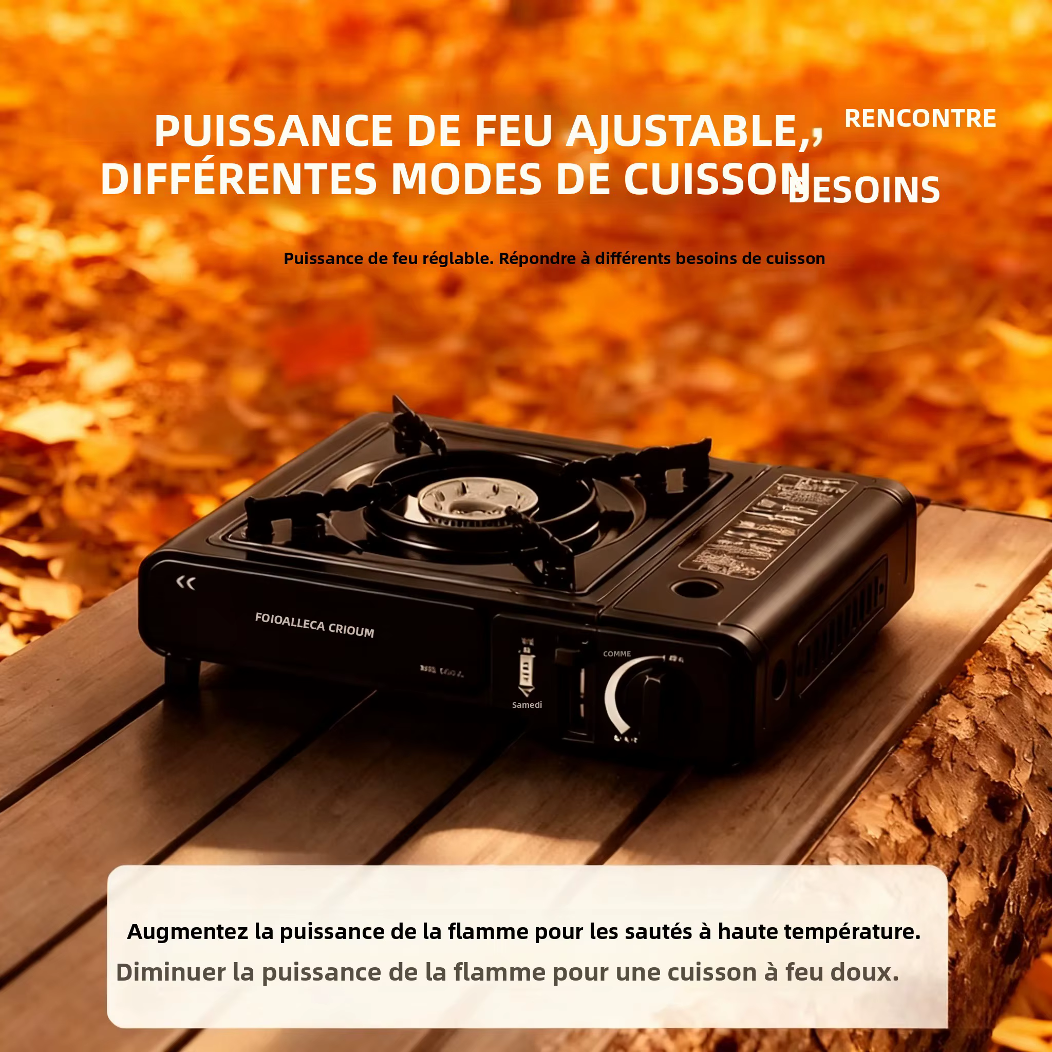 Réchaud à gaz portable pour l'extérieur, adapté au camping, au barbecue, à la randonnée, à la cuisine en plein air et à l'utilisation domestique, anneau coupe-vent non inclus