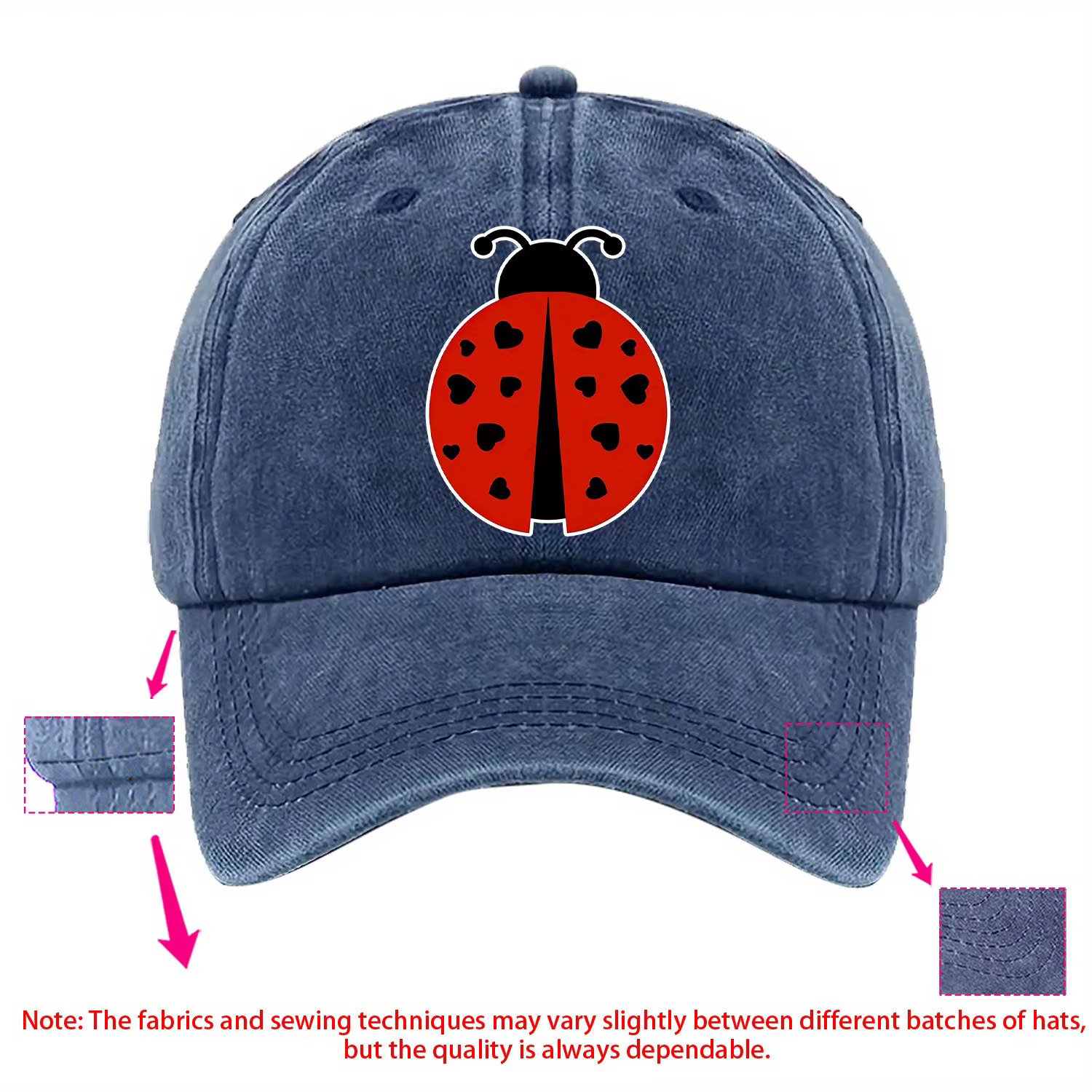 Casquette de baseball imprimée sur le thème de la coccinelle, disponible en plusieurs couleurs avec taille ajustable, fabriquée en tissu lavé