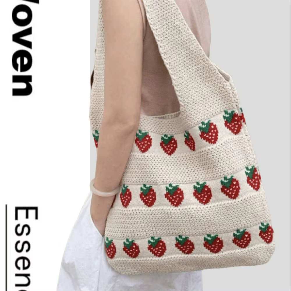 Sac à main tricoté pour femme, motif fraise, grande capacité, sac en crochet léger et durable, sac fourre-tout pour voyage