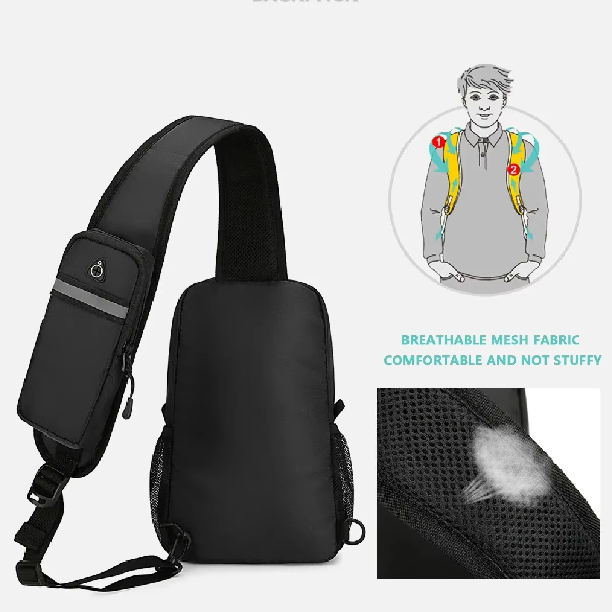 Sac de poitrine de sport et de loisirs à la mode, matériau en nylon imperméable, sac de rangement pour téléphone, multifonctionnel et multicouche