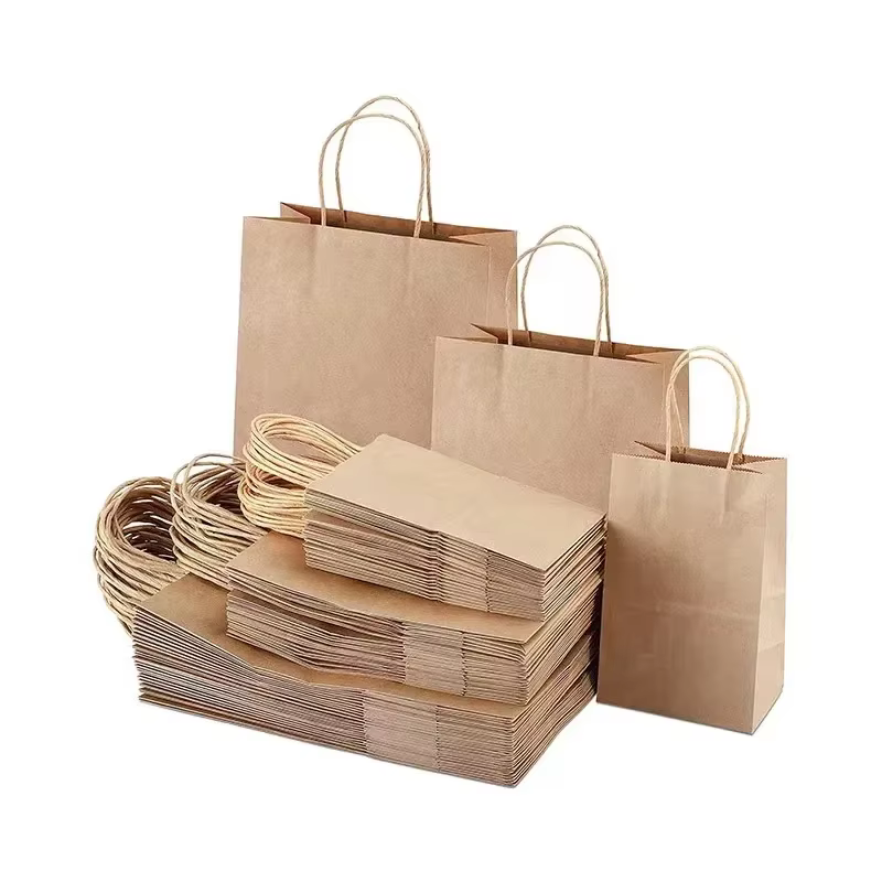 Sacs cadeaux en papier Kraft avec poignées, 10/20/30/50/100 pièces, Shopping, transport artisanal, sac marron blanc, fournitures de fête de noël