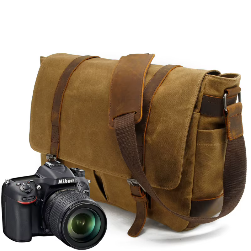 Sac pour homme - Sac pour appareil photo - Sac à bandoulière décontracté - Toile batik avec cuir Crazy Horse - Sac