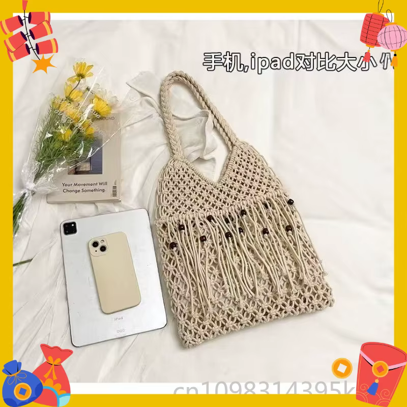 Sac à bandoulière en paille pour femmes, avec cordon de serrage, ajouré et respirant, léger, grande capacité, pour voyage et extérieur