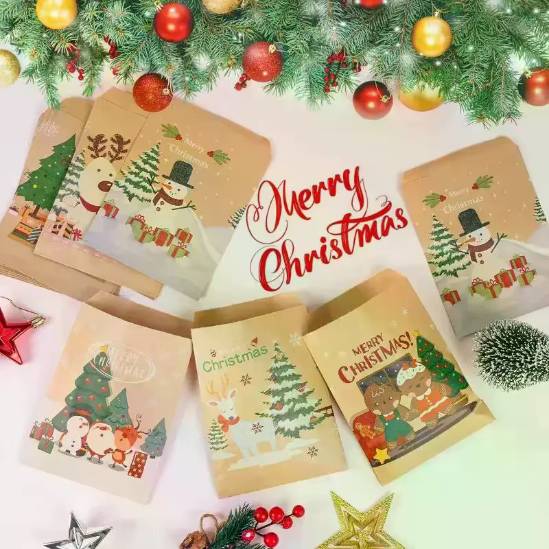 20 pièces joyeux noël sacs cadeaux père noël papier Kraft bonbons biscuits sac cadeaux de fête de noël 2025 noël bricolage calendrier de l'avent
