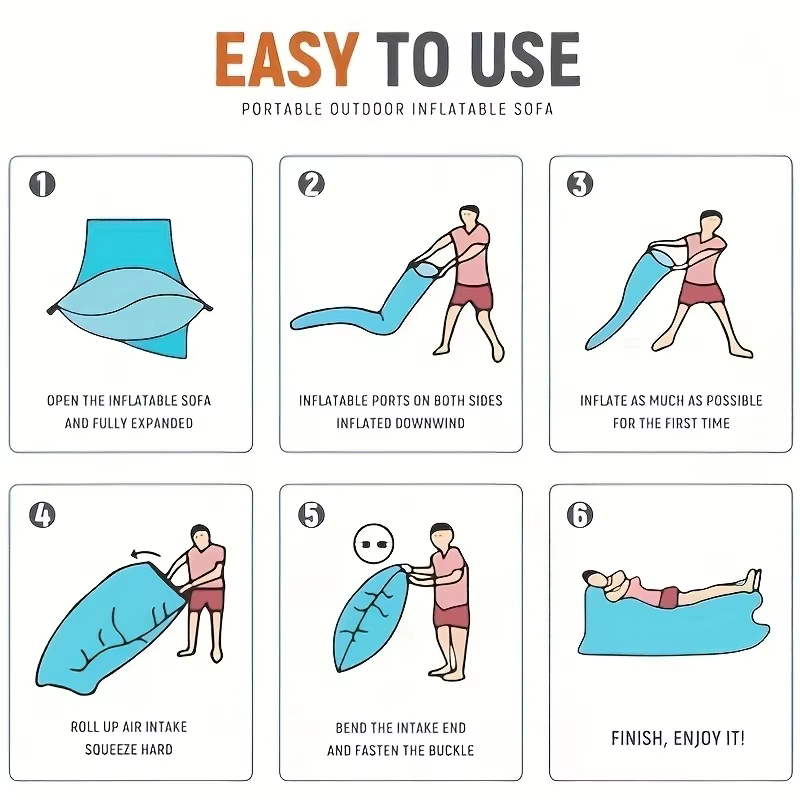 Chaise longue gonflable portable avec oreiller – Canapé imperméable pour le camping, la plage et les festivals – Installation facile avec sac