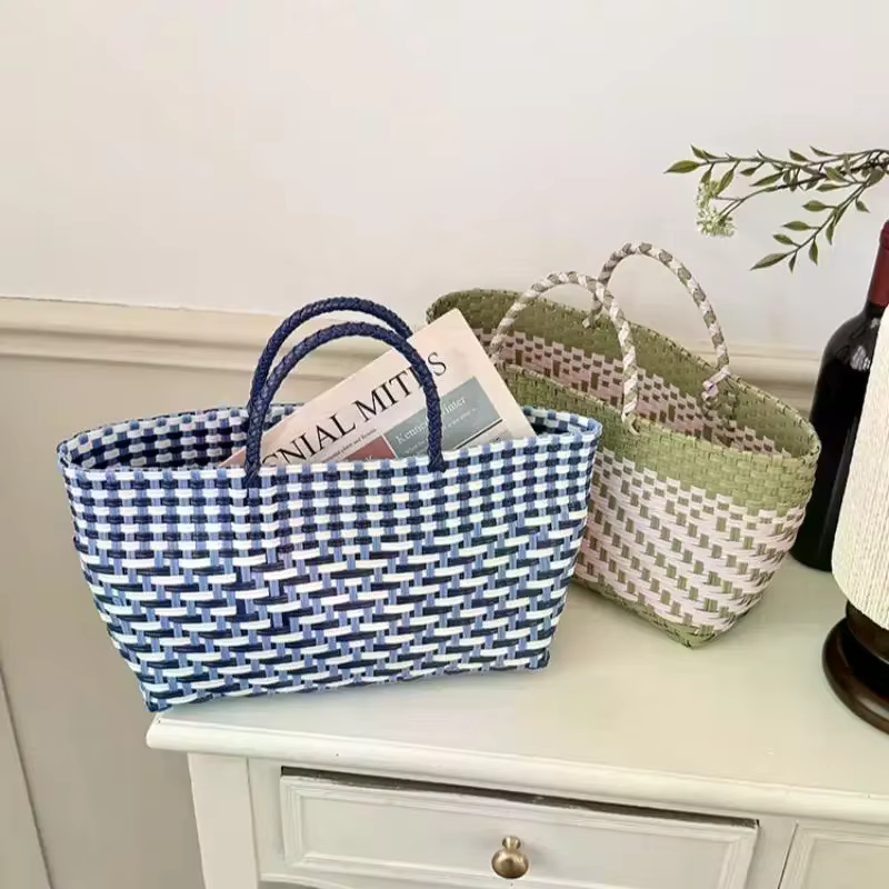 Sac à main en PVC tressé mignon, grande capacité, style bohème, sac de plage, sac de vacances, style campagne, sac panier de courses