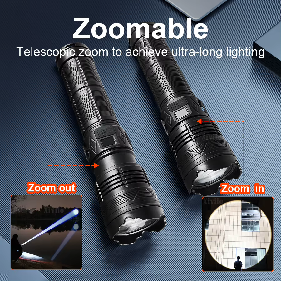 69000000LM 15000W lampe de poche Ultra puissante Zoom télescopique lampes Flash type-c torche LED Rechargeable Camping d'aventure en plein air