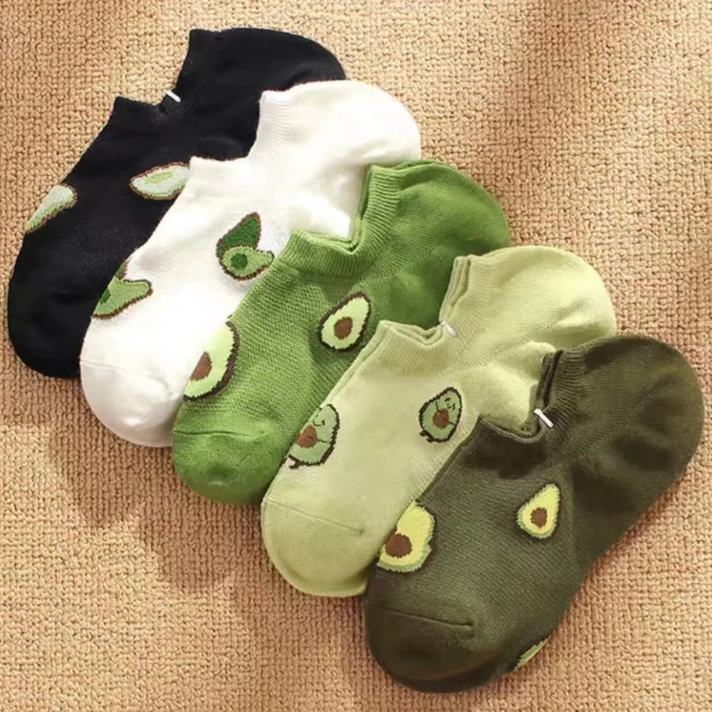 5 paires de chaussettes d'équipage d'avocat, dessin animé, mode fraîche, respirantes, confort Kawaii, chaussettes bateau coupe basse pour femmes, été et automne