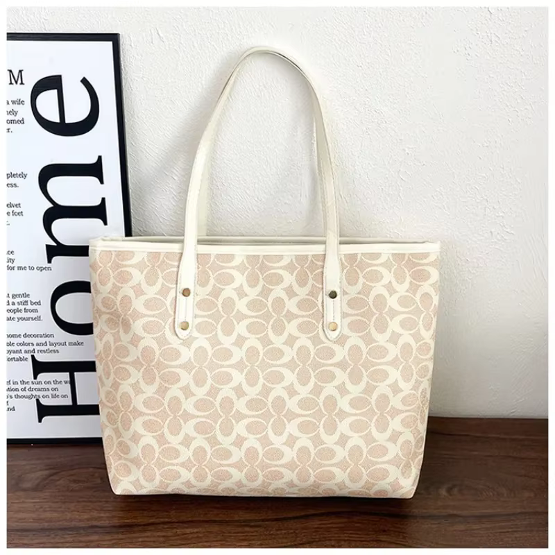 Sac fourre-tout classique à imprimé monogramme, sac à bandoulière en toile avec garniture en PU de grande capacité, sac à main polyvalent pour le travail quotidien et le shopping pour femmes