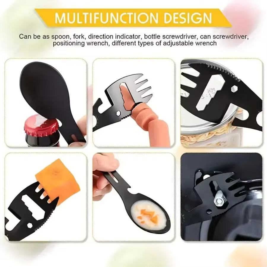 Outils de survie en plein air 5 en 1, kit EDC multifonctionnel pour le camping, fourchette, couteau, cuillère, ouvre-bouteille/ouvre-boîte pratique