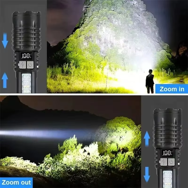Lampe torche LED haute puissance avec zoom et affichage numérique
