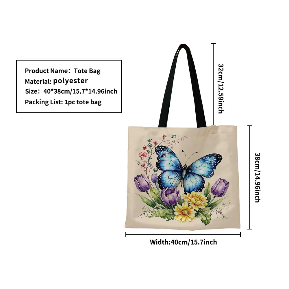 Sac fourre-tout en toile bleu aquarelle avec motif floral de papillons – Imprimé botanique vibrant avec des tulipes, des marguerites et des brindilles sauvages, écologique