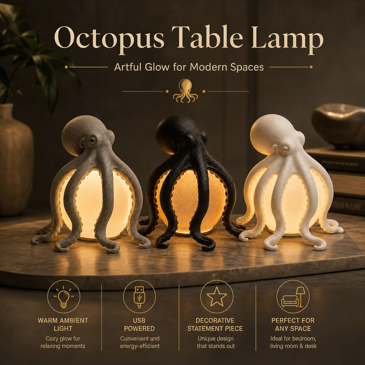 Lampe de table en résine en forme de pieuvre, sculpture décorative océanique, alimentée par USB, lampe d'ambiance chaude pour fête d'Halloween, bureau, décoration de la maison, cadeau