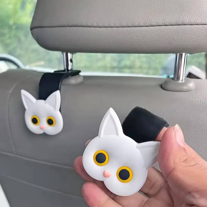 2 pièces adorables crochets d'appui-tête de siège de voiture de chat de dessin animé 3D-organisateur de stockage de véhicule universel pour sacs à main, sacs à main, manteaux-mignon Ca