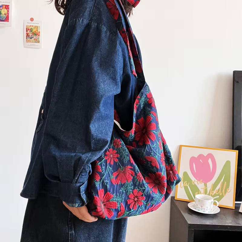 Sac à bandoulière Vintage en Jacquard pour femmes, sac de Shopping réutilisable à motif Floral pour dames, fourre-tout Portable de grande capacité