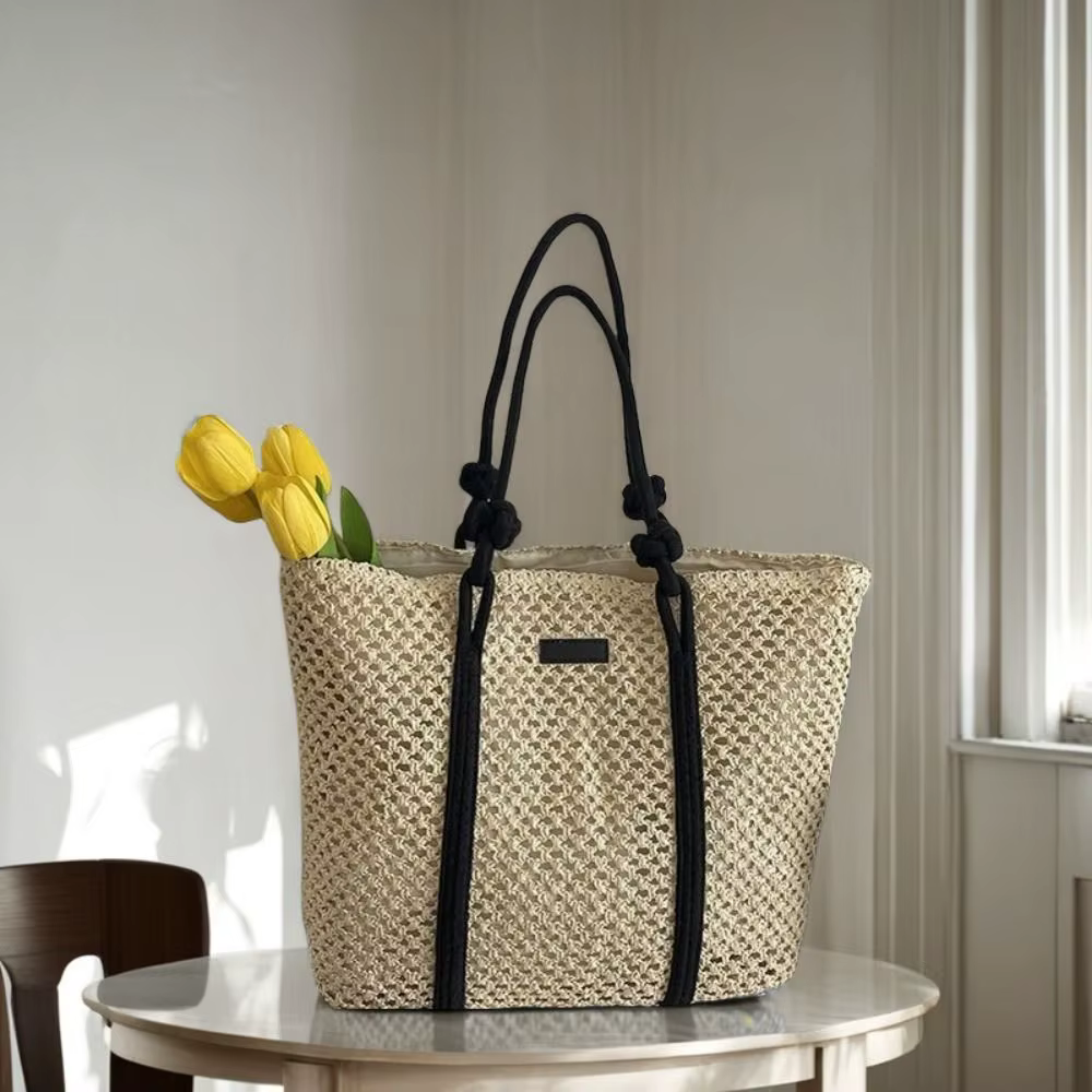 Sacs en paille tressés faits à la main, grande capacité, fermeture éclair, sacs de plage, sacs à main à poignée supérieure, couleur unie, sacs à bandoulière pour femmes