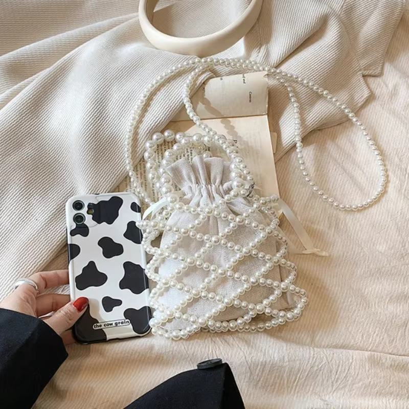 Femmes perle sac petit Mini fourre-tout seau sac tissé bandoulière sacs à main