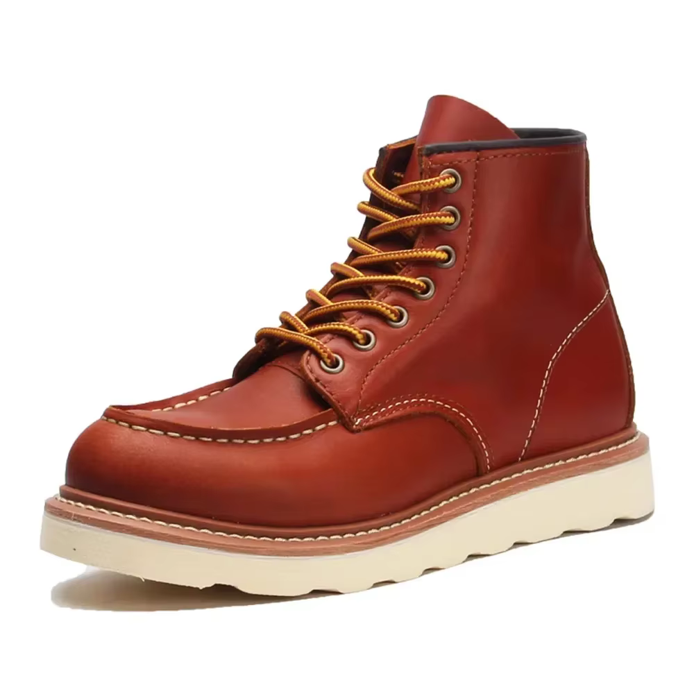 Bottes de moto en cuir véritable cousues Goodyear pour hommes, bottes provoqué punk décontractées, chaussures de travail mi-mollet, bout rond, rouge occidental, vintage