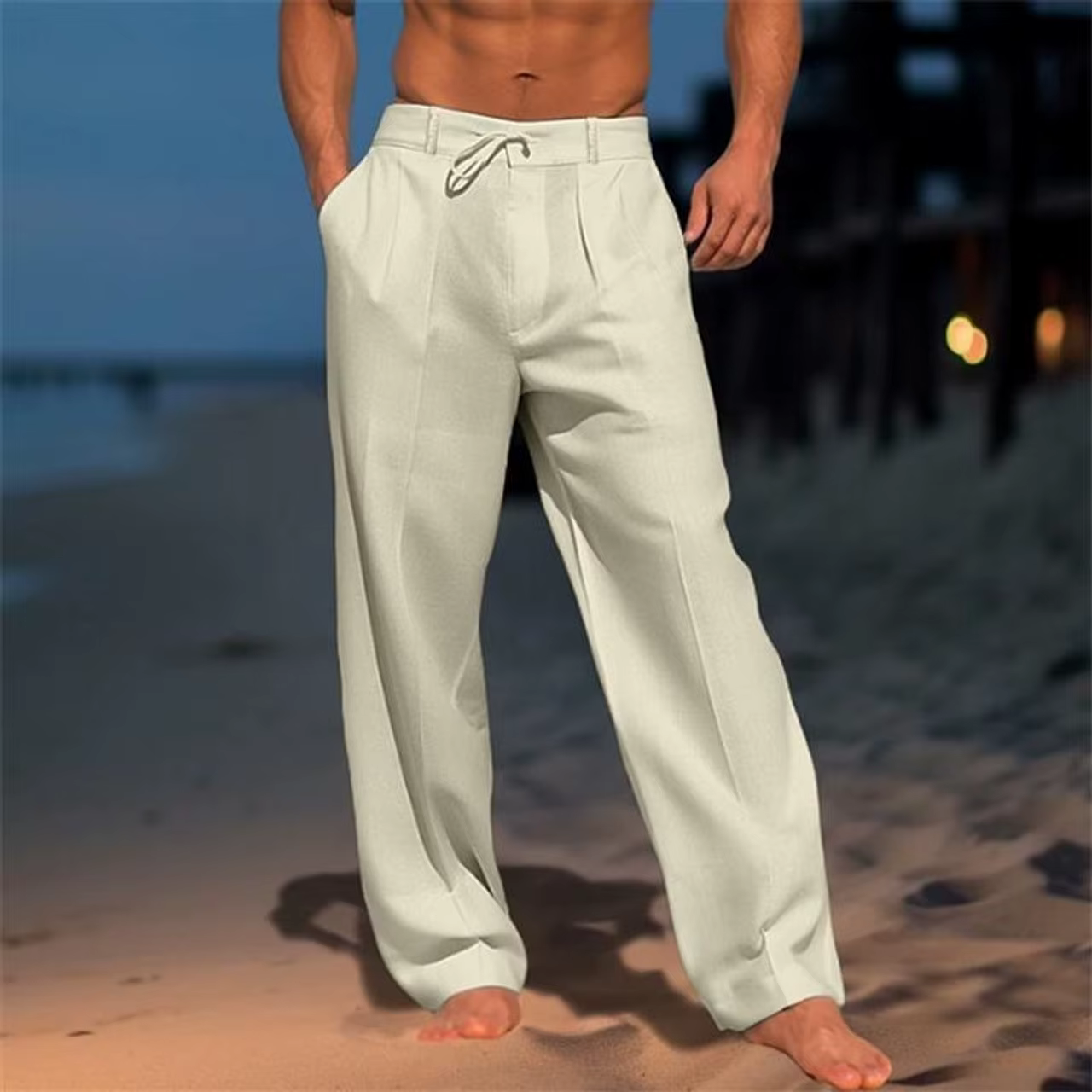 Pantalon en lin pour hommes, plage d'été, Style basique décontracté, vacances, coupe ample, respirant, usage quotidien, scène de plage, pantalon de costume approprié