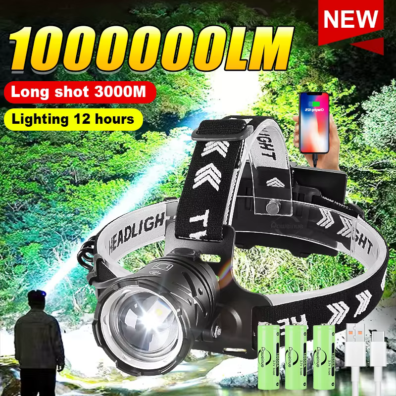 1000000 LM lampe frontale la plus puissante 18650 Rechargeable haute puissance LED