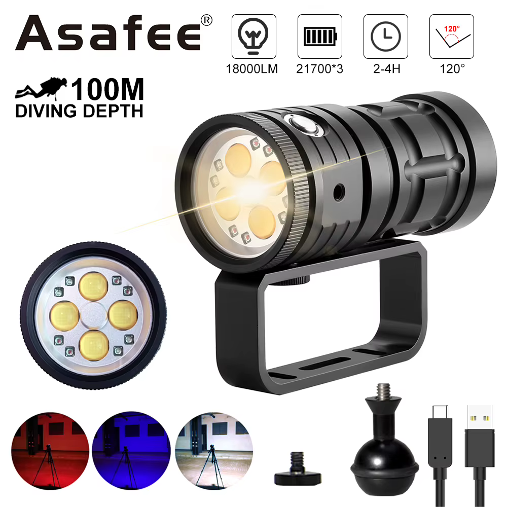 Asafee D16 100M lampe de poche sous-marine de plongée profonde 120 degrés lumière de remplissage lumineuse lampe étanche Rechargeable double interrupteur 3 Mode