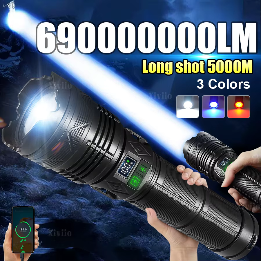 69000000LM 15000W lampe de poche Ultra puissante Zoom télescopique lampes Flash type-c torche LED Rechargeable Camping d'aventure en plein air