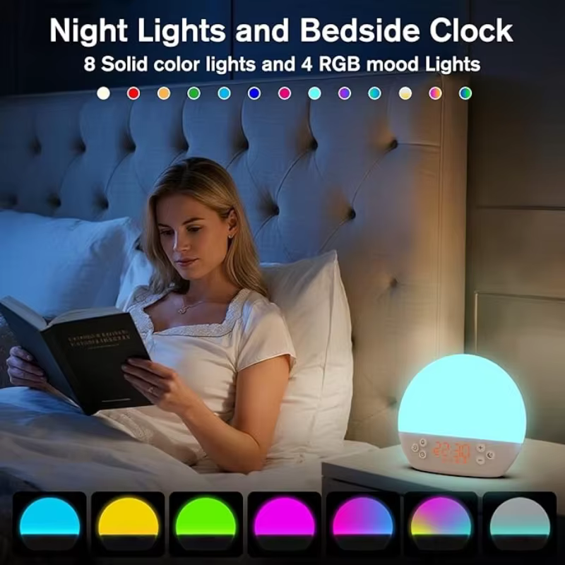 Réveil numérique avec simulation du lever du soleil, machine à bruit blanc et 30 sons apaisants, lumière de réveil à intensité réglable pour la décoration intérieure