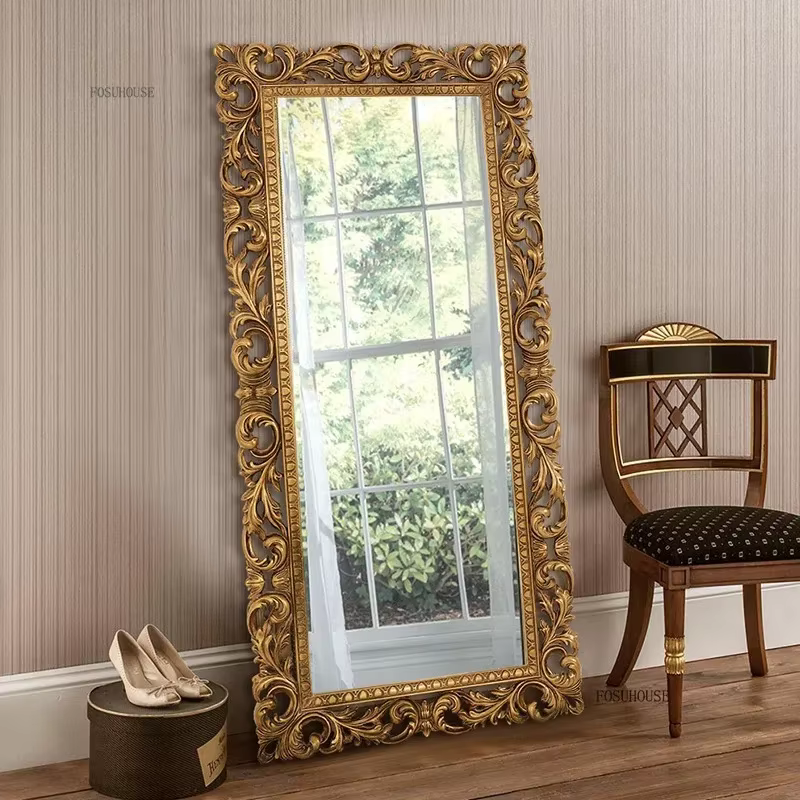 Miroir sur pied rétro pleine longueur, design orné, style européen classique pour la décoration de chambre et de salon