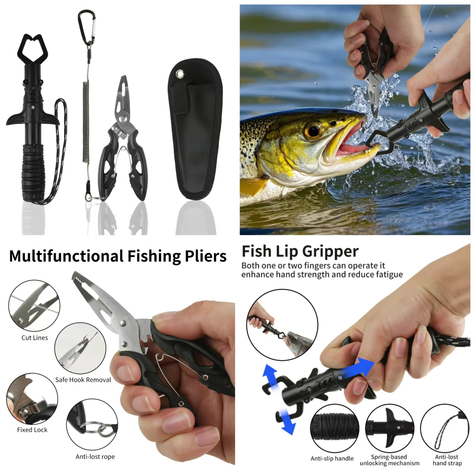 Filet de pêche pliant avec filet d'atterrissage en alliage d'aluminium, sac de rangement pour gants antidérapants, pince à poisson, pince à lèvres pour une capture et une libération faciles