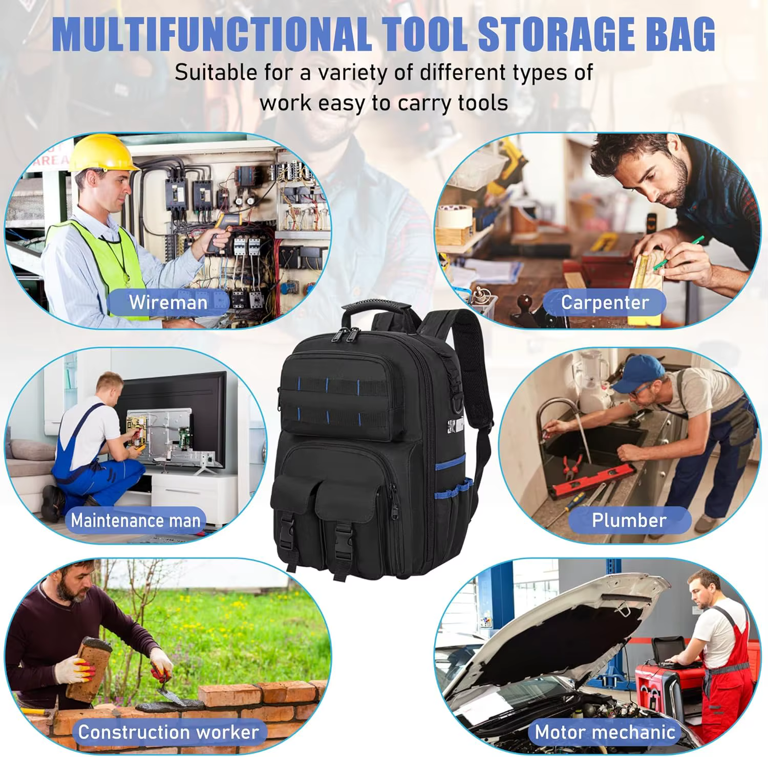 Sac à dos pour outils robuste avec épaulettes rembourrées et organiseur d'outils amovible