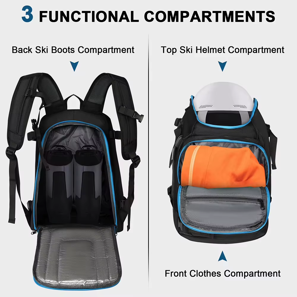Sac à dos de voyage pour bottes de ski 50L grande capacité imperméable pour bottes de snowboard, casque, lunettes, support pour skis, séparation sec/humide