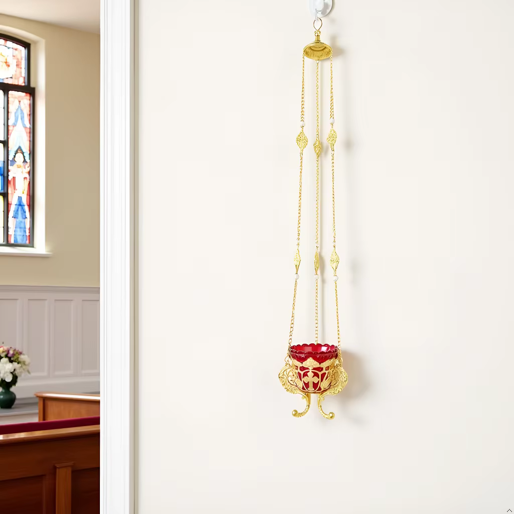 Lampe Vigil suspendue orthodoxe | Alliage plaqué or avec croix de bol en verre rouge et conception de vigne pour l'autel de la maison de l'église