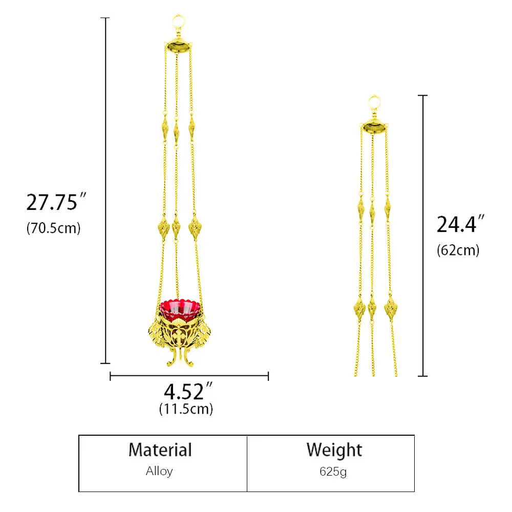 Lampe Vigil suspendue orthodoxe | Alliage plaqué or avec croix de bol en verre rouge et conception de vigne pour l'autel de la maison de l'église