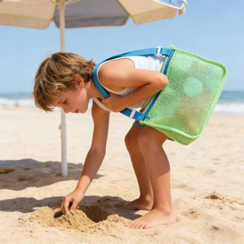 Sac de plage pliable en maille pour enfants, sac de rangement portable pour jouets de plage, vêtements, organisateur de rangement, sac de maquillage cosmétique pour femmes