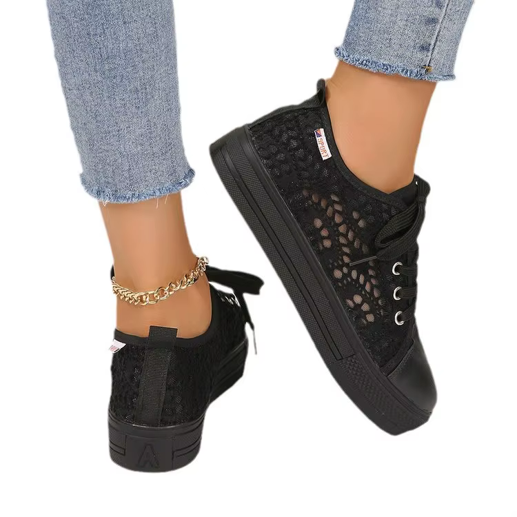 Baskets en toile de dentelle blanche pour femmes, chaussures d'été décontractées à la mode, baskets respirantes à semelle épaisse