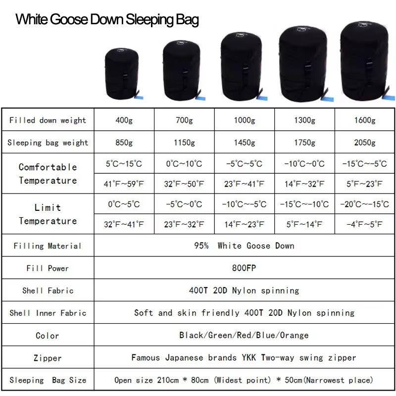 Sac de couchage de Camping en duvet d'oie blanc, garde au chaud, Style momie, épais, adapté pour l'hiver, stockage thermique Portable, Compression