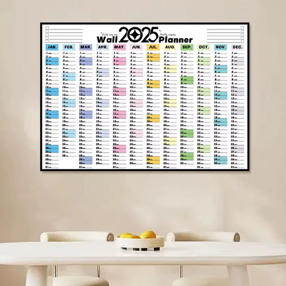 Planificateur pliable 2025 avec autocollants colorés, calendrier mural décoratif en plastique, liste de choses à faire