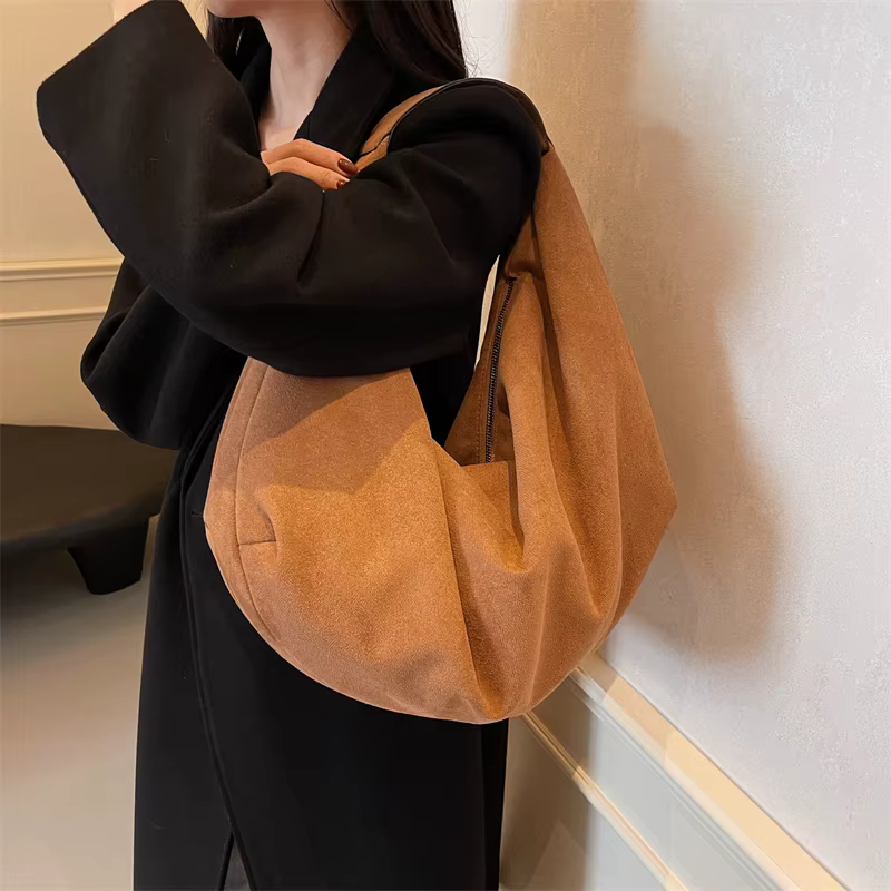 Sac à Main Demi-Lune en Faux Daim Souple pour Femme, Cabas Hobo de Grande Capacité, Fourre-Tout Sous les Bras, Mode Coréenne, Haute Qualité