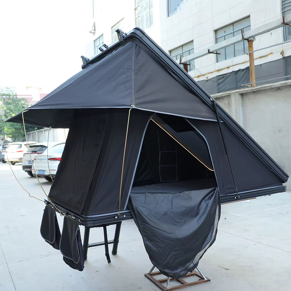 Tente de camping triangulaire en aluminium pour 4 personnes, tente de toit à coque rigide noire, tente de toit de voiture