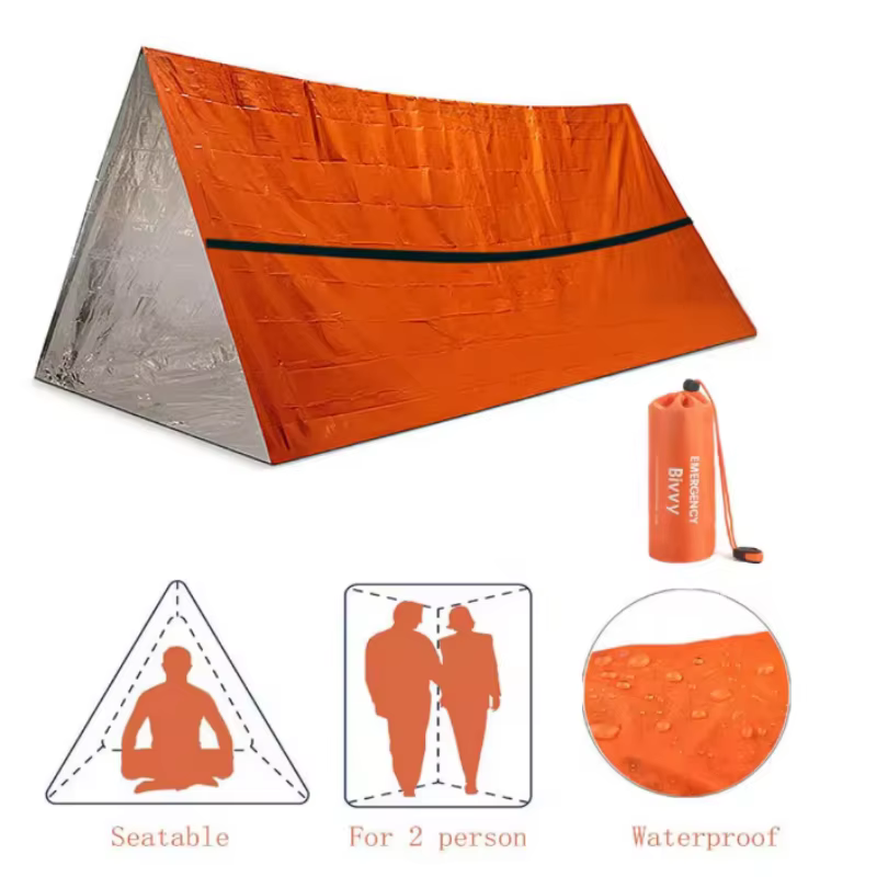Tente de survie d'urgence en Mylar imperméable et réutilisable pour deux personnes