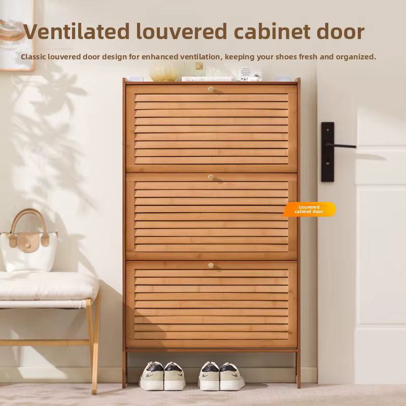 Armoire à chaussures à portes à persiennes en bambou, armoire à chaussures ultra-mince multi-niveaux, armoire à chaussures étroite en bambou, étagère à chaussures murale