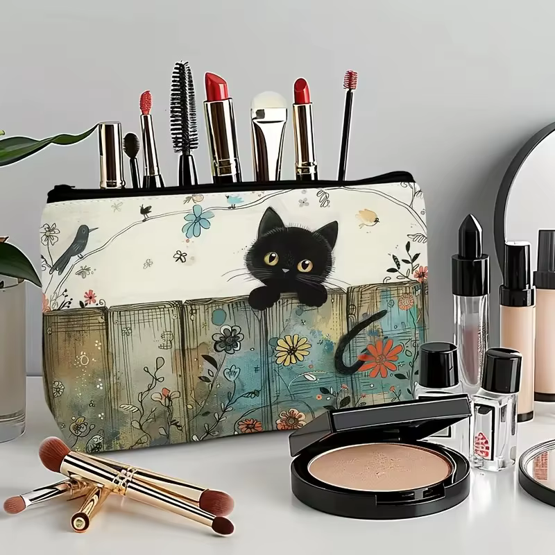 Pochette à fermeture éclair à motif chat noir - Trousse de toilette durable et résistante à la décoloration, cadeau pour sœurs, amies, amoureux des chats |   Design vibrant