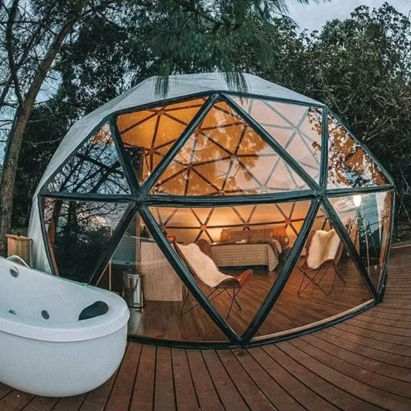 Tente de camping, dôme de glamping, tentes de luxe, tente dôme extérieure durable, couverture en PVC imperméable, tente dôme de glamping pour quatre saisons OME