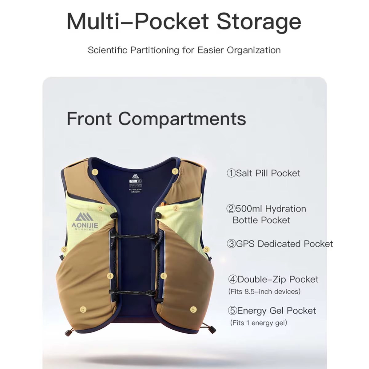 Sac à dos de trail léger AONIJIE Upgrade MB 12L avec plusieurs compartiments de rangement et porte-bâton pour la
